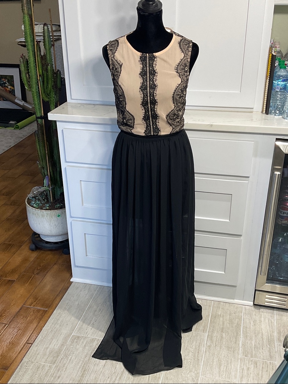 India Boutique Nude and Black Lace Overlay Maxi Dress
